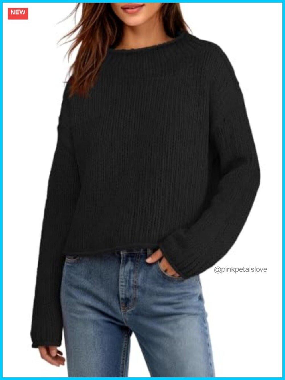 Chunky Knit Mock Neck Cropped Sweater Long Sleeve Pullover